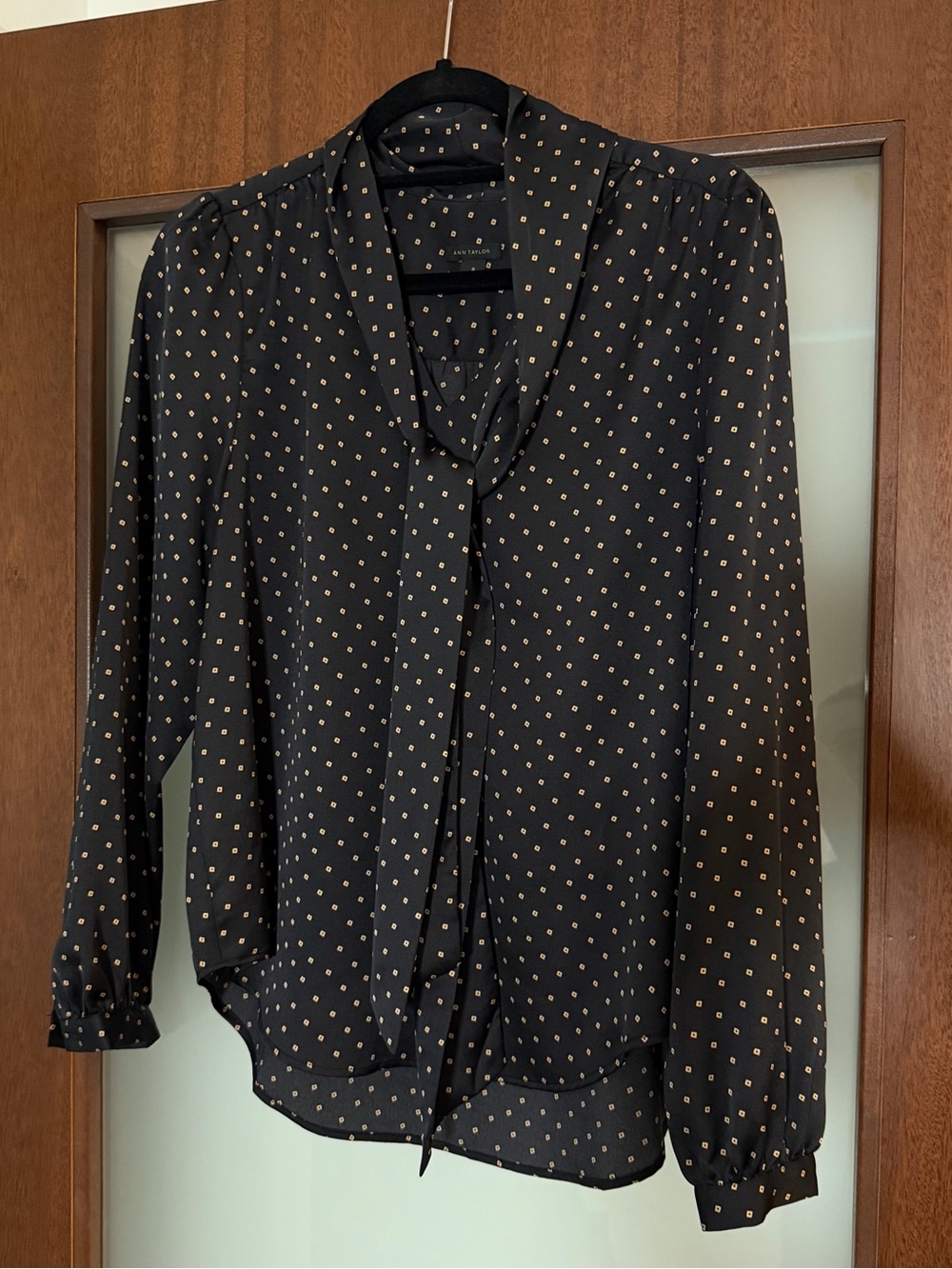 Ann Taylor Black Print Tie Neck Blouse